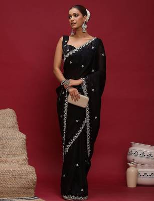 Black embellished embroidered satin saree with blouse 4