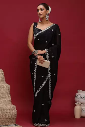 Black embellished embroidered satin saree with blouse