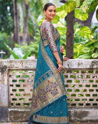 peacock blue banarasi silk blend saree for women | festive & wedding traditional party ethnic wear 4