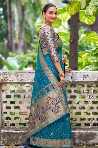 peacock blue banarasi silk blend saree for women | festive & wedding traditional party ethnic wear