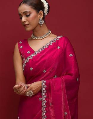 Pink embellished beads and stones satin saree 1