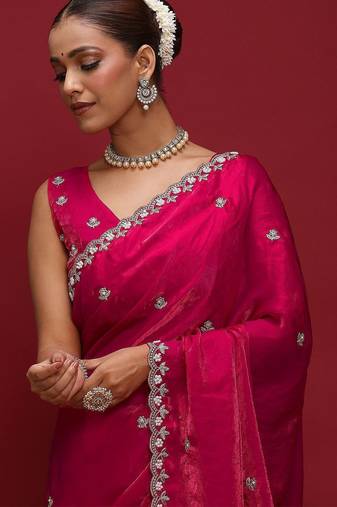 Pink embellished beads and stones satin saree