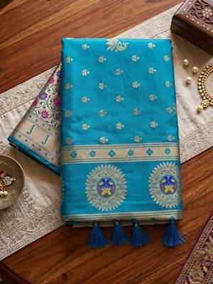 peacock blue banarasi silk blend saree for women | festive & wedding traditional party ethnic wear 5