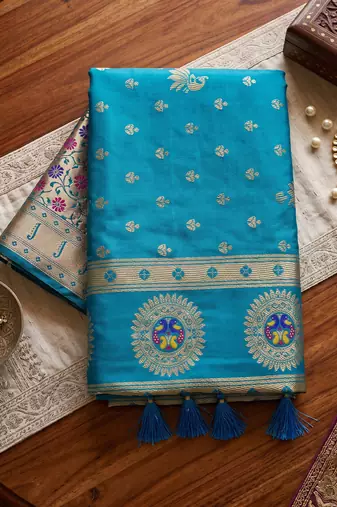 peacock blue banarasi silk blend saree for women | festive & wedding traditional party ethnic wear