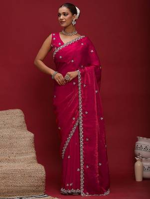 Pink embellished beads and stones satin saree 2