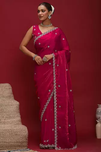 Pink embellished beads and stones satin saree