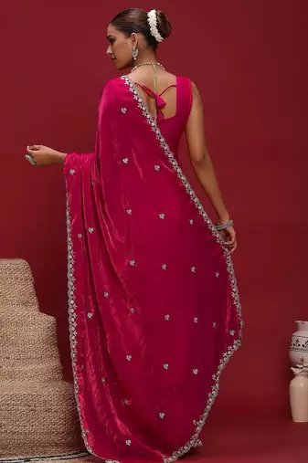 Pink embellished beads and stones satin saree