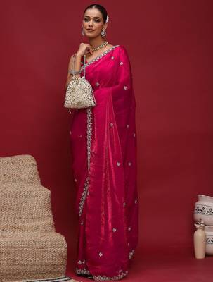 Pink embellished beads and stones satin saree 4