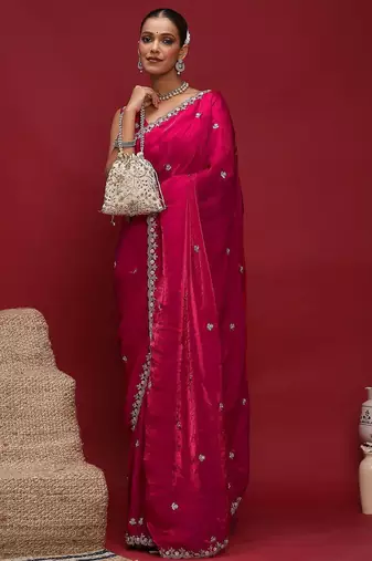 Pink embellished beads and stones satin saree