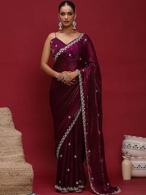 Purple embellished zari satin saree with blouse 1