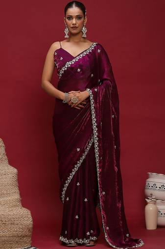 Purple embellished zari satin saree with blouse