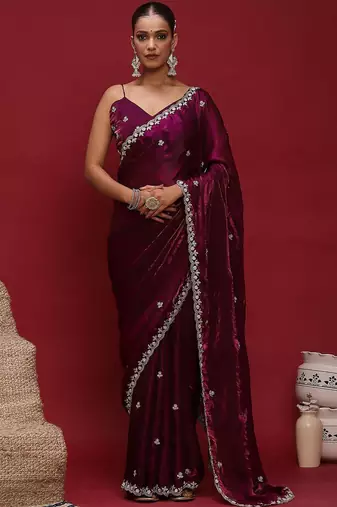 Purple embellished zari satin saree with blouse
