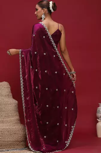 Purple embellished zari satin saree with blouse