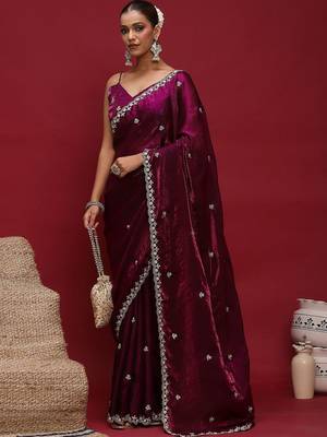 Purple embellished zari satin saree with blouse 3