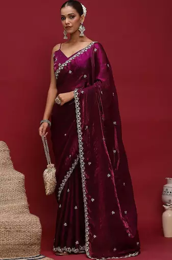 Purple embellished zari satin saree with blouse