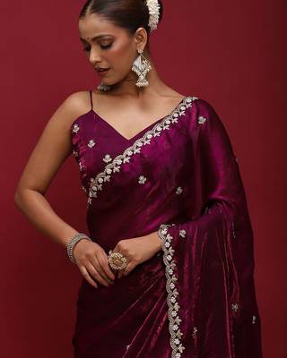 Purple embellished zari satin saree with blouse 4