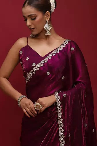 Purple embellished zari satin saree with blouse