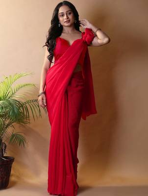 Red poly georgette saree 4