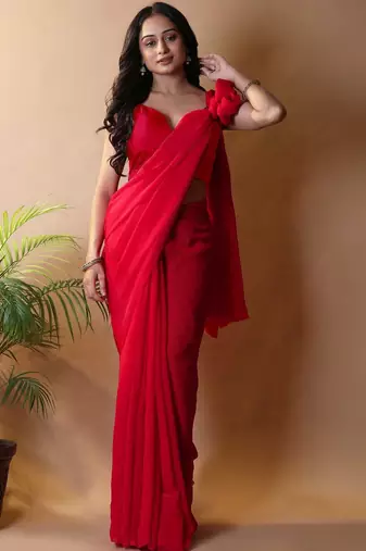 Red poly georgette saree