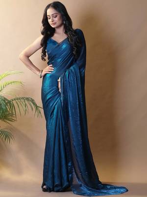 Teal fandy satin silk party wear saree 1