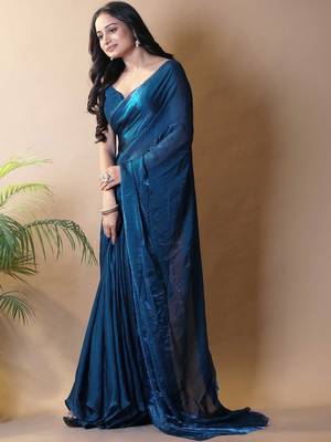 Teal fandy satin silk party wear saree 2
