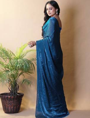 Teal fandy satin silk party wear saree 3
