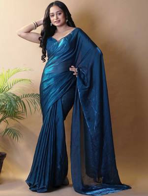 Teal fandy satin silk party wear saree 4