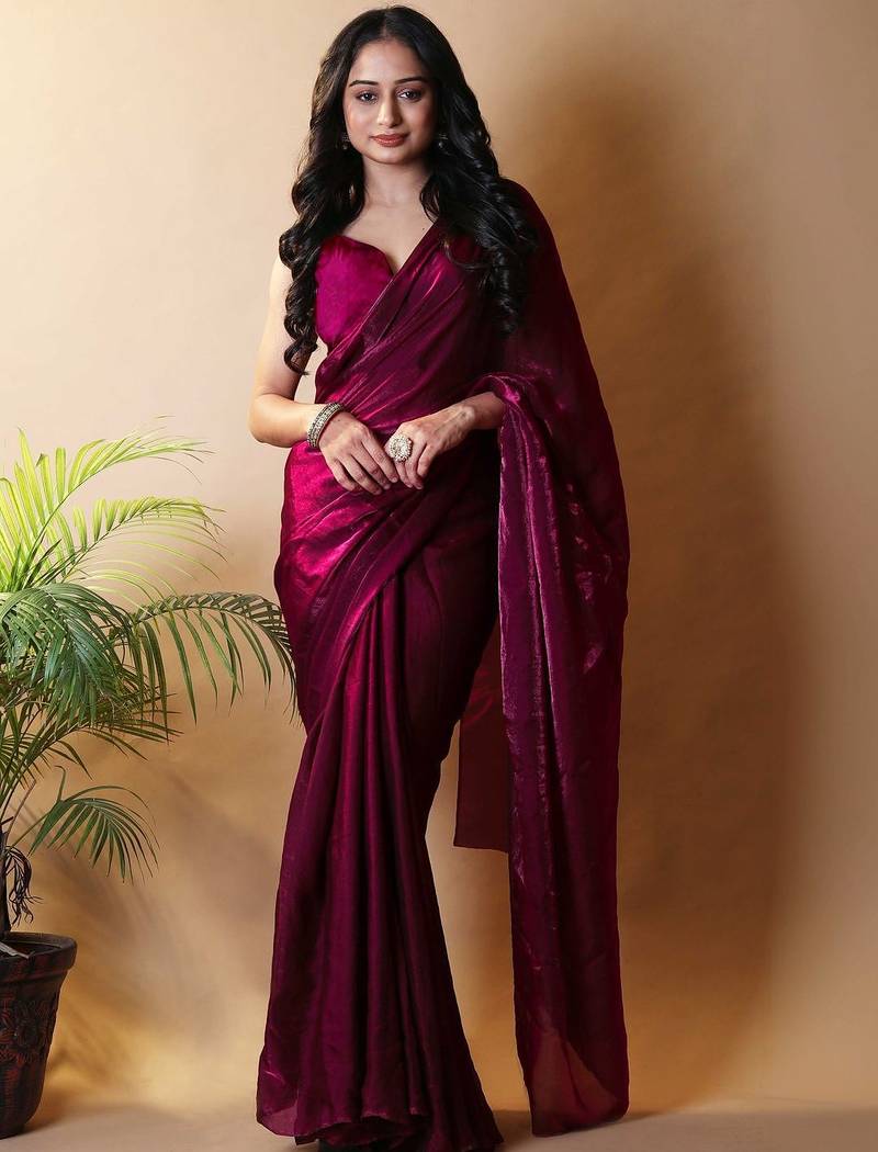 Maroon satin saree