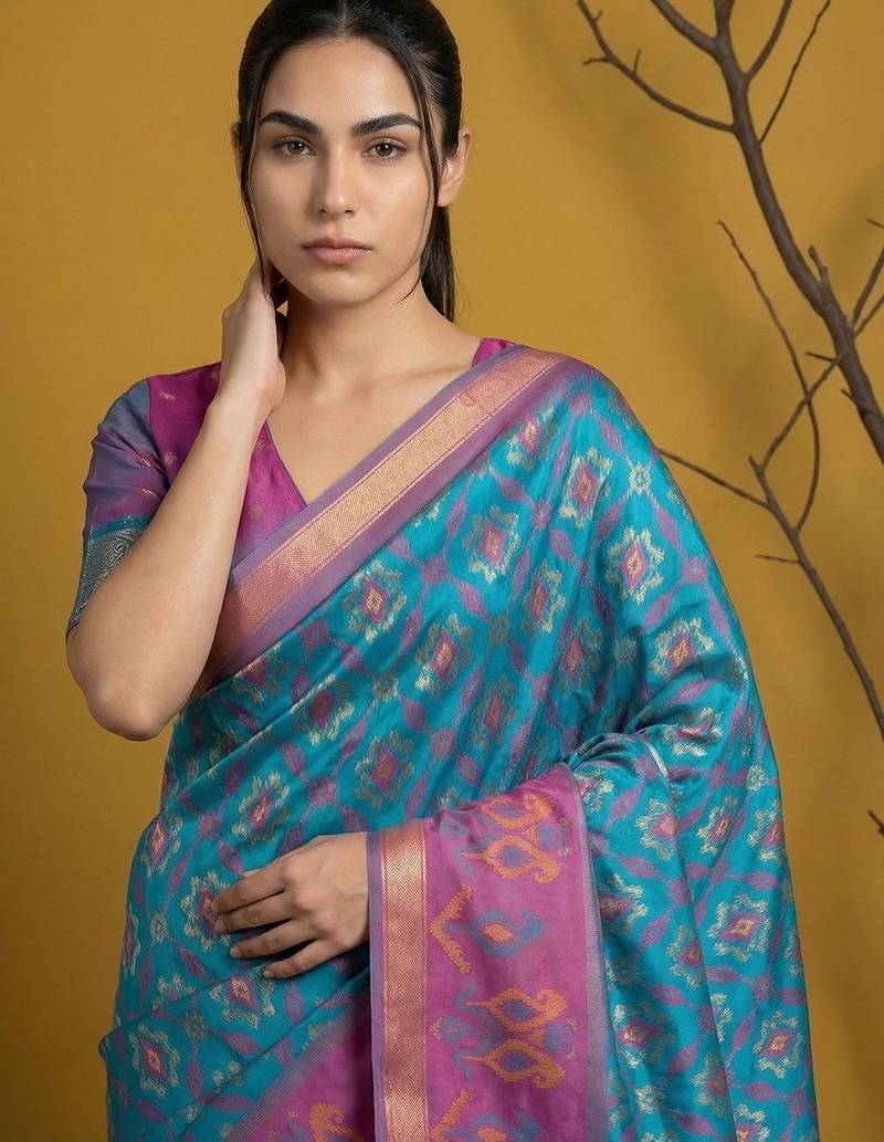 Multicolor ethnic motifs silk blend handloom patola saree