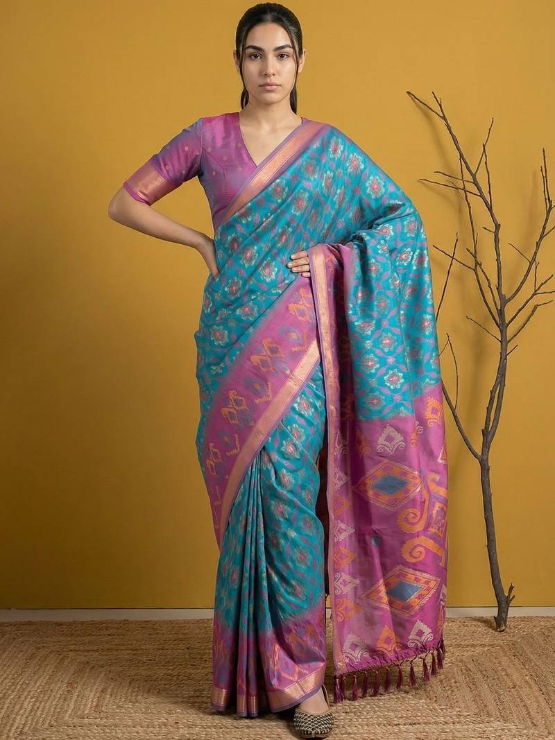 Multicolor ethnic motifs silk blend handloom patola saree