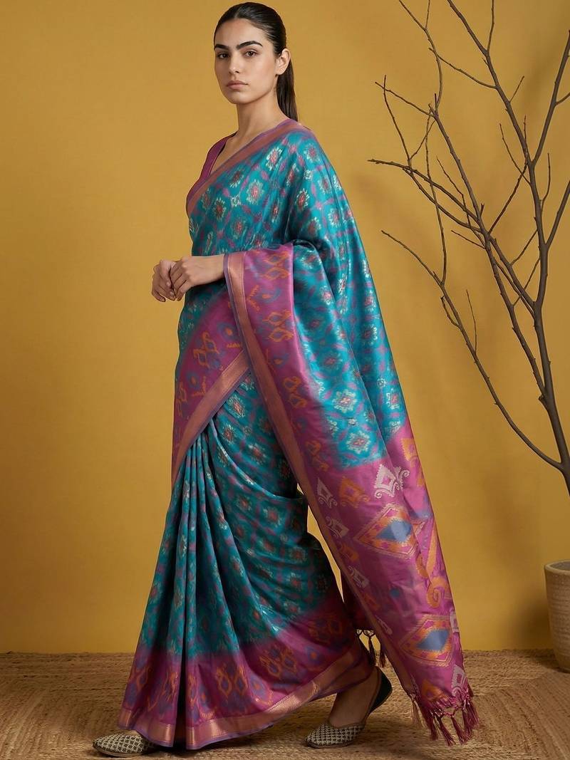 Multicolor ethnic motifs silk blend handloom patola saree