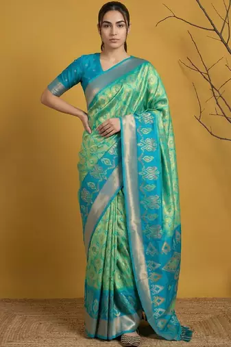 Multicolor ethnic motifs zari silk blend handloom patola saree