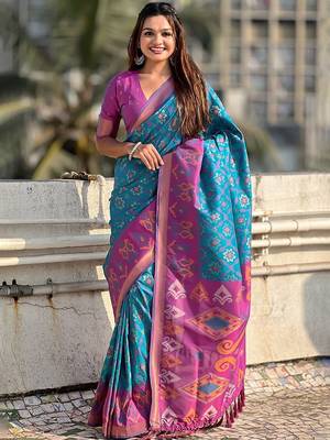 Blue woven design zari silk blend patola saree 1