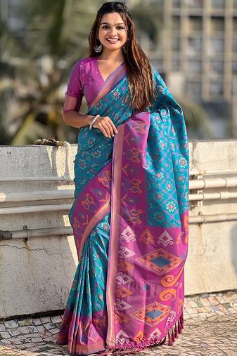 Blue woven design zari silk blend patola saree