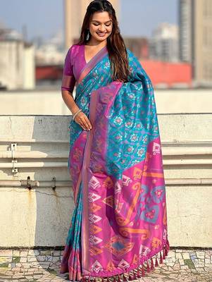 Blue woven design zari silk blend patola saree 2