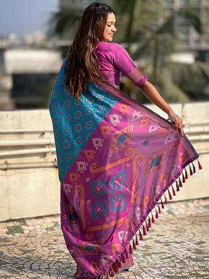 Blue woven design zari silk blend patola saree 3