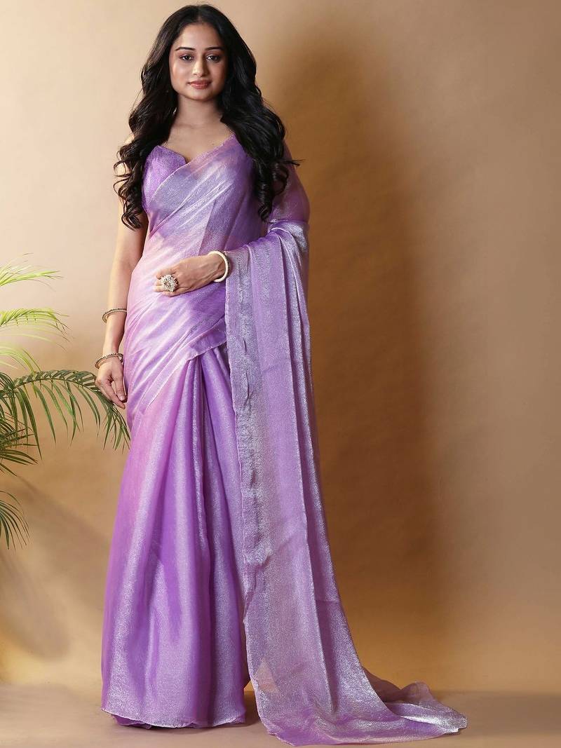 Lavender poly chiffon designer saree