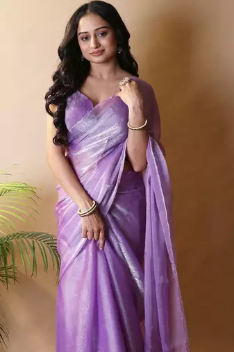 Lavender poly chiffon designer saree