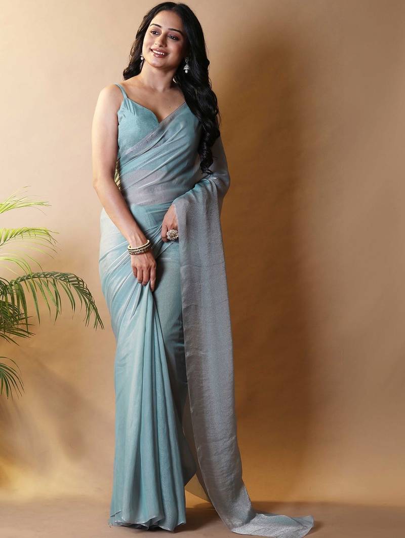 Sea green poly georgette saree