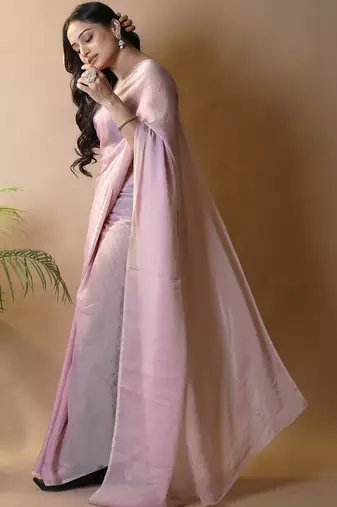 Pink woven design poly georgette saree