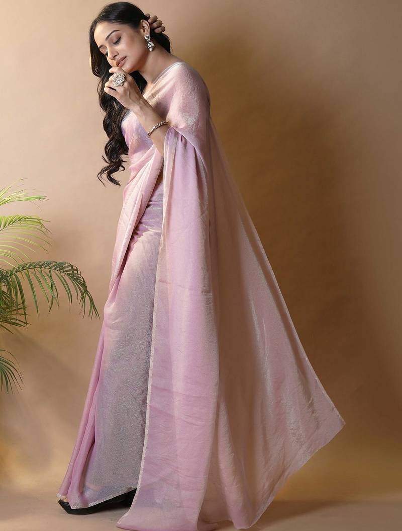 Pink woven design poly georgette saree