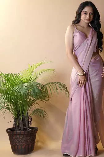 Pink woven design poly georgette saree