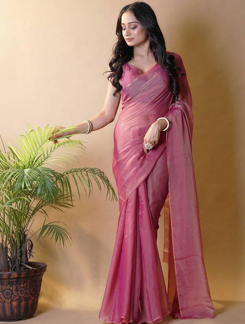 Pink poly georgette saree