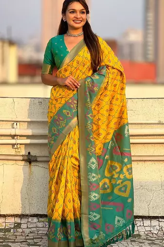 Yellow woven design zari silk blend patola saree