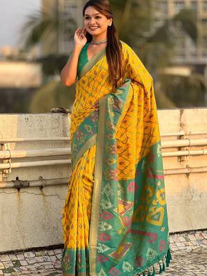 Yellow woven design zari silk blend patola saree 2