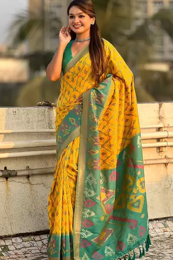 Yellow woven design zari silk blend patola saree