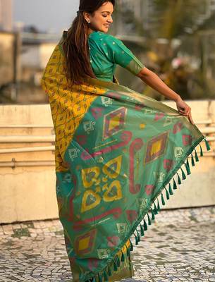 Yellow woven design zari silk blend patola saree 3
