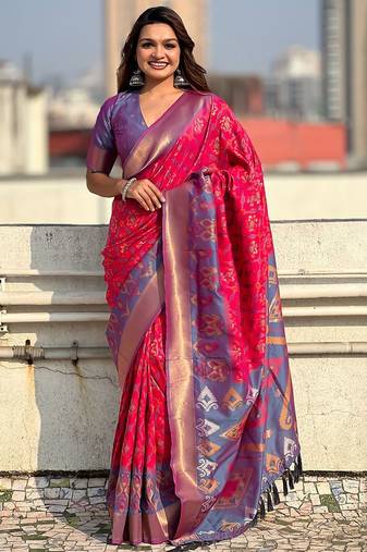 Pink woven design zari silk blend patola saree