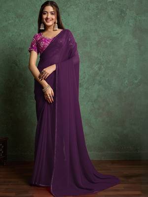 Purple sequinned border saree with heavy embroidered blouse piece 1