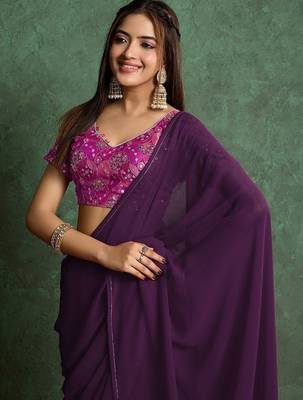 Purple sequinned border saree with heavy embroidered blouse piece 2